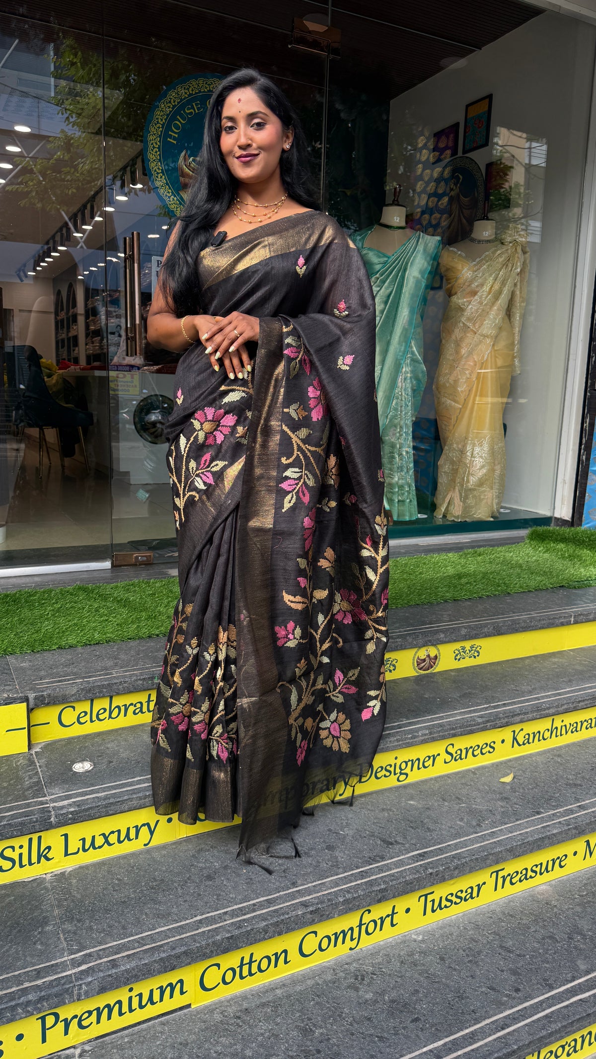 Black Tussur Petite Embroidery Saree 21