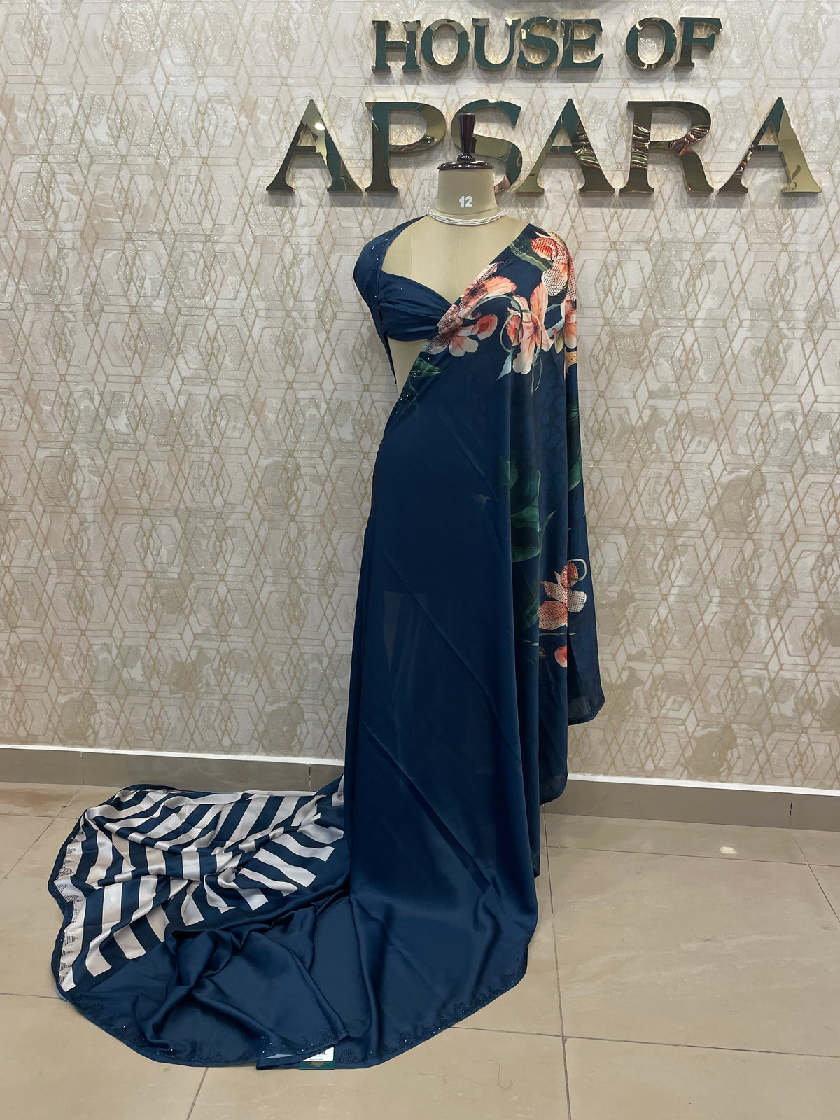 Navy Blue Digital Print Satin Saree 41