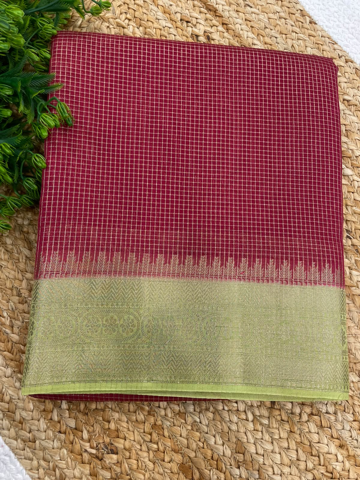 Red n Pista Green Checks Cotton Silk Saree 13