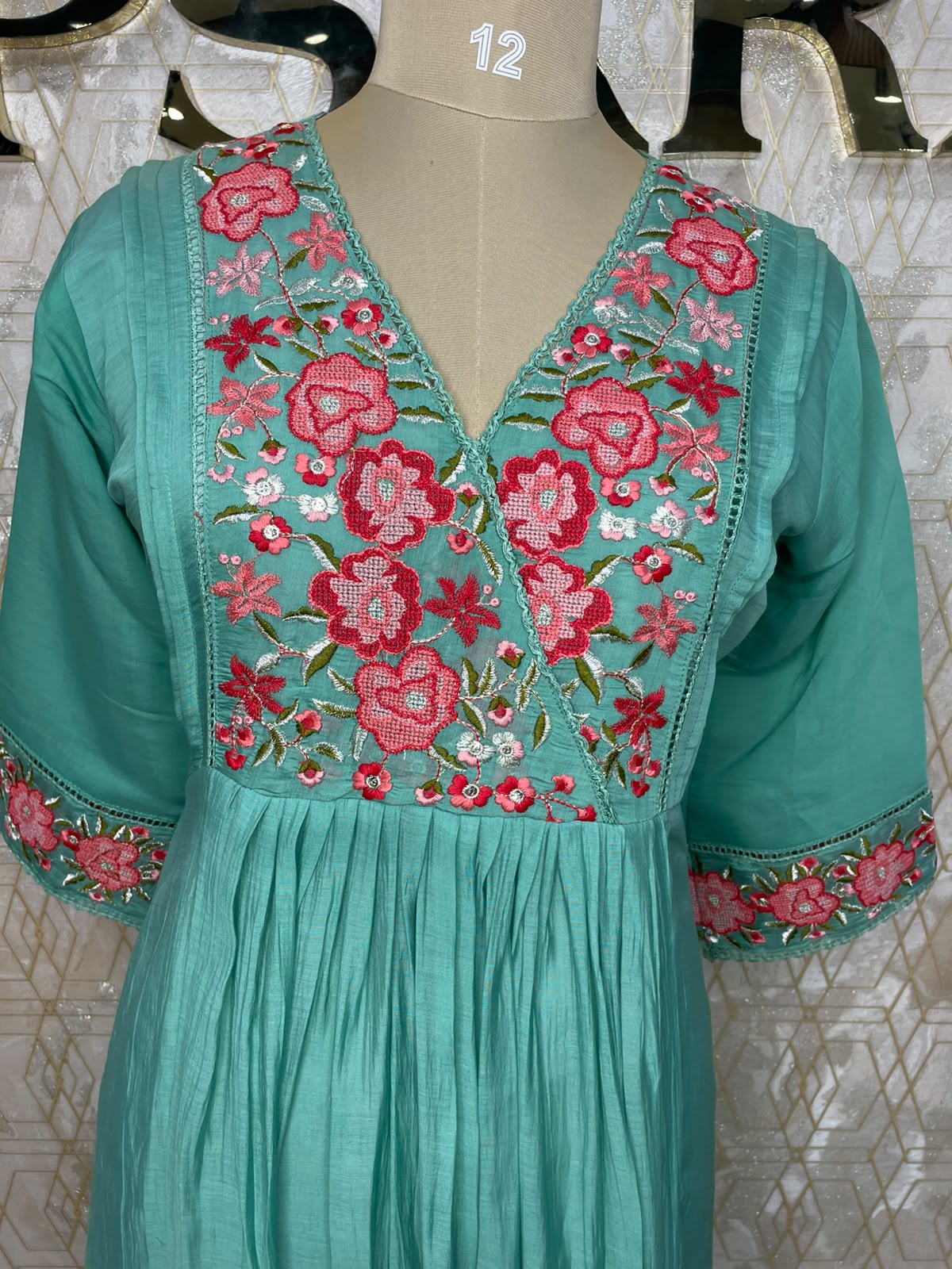 Sea Green Mul Chanderi Silk Hand Embroidery Kurtha 114