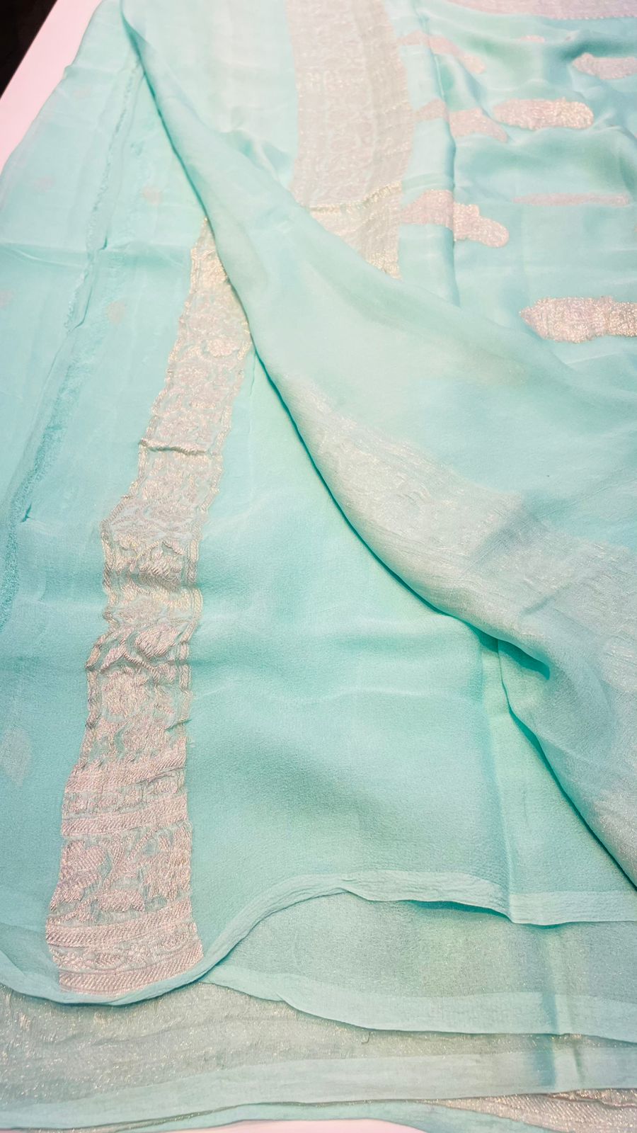 Sky Blue With Silver Zari Pure Khaddi Chiffon