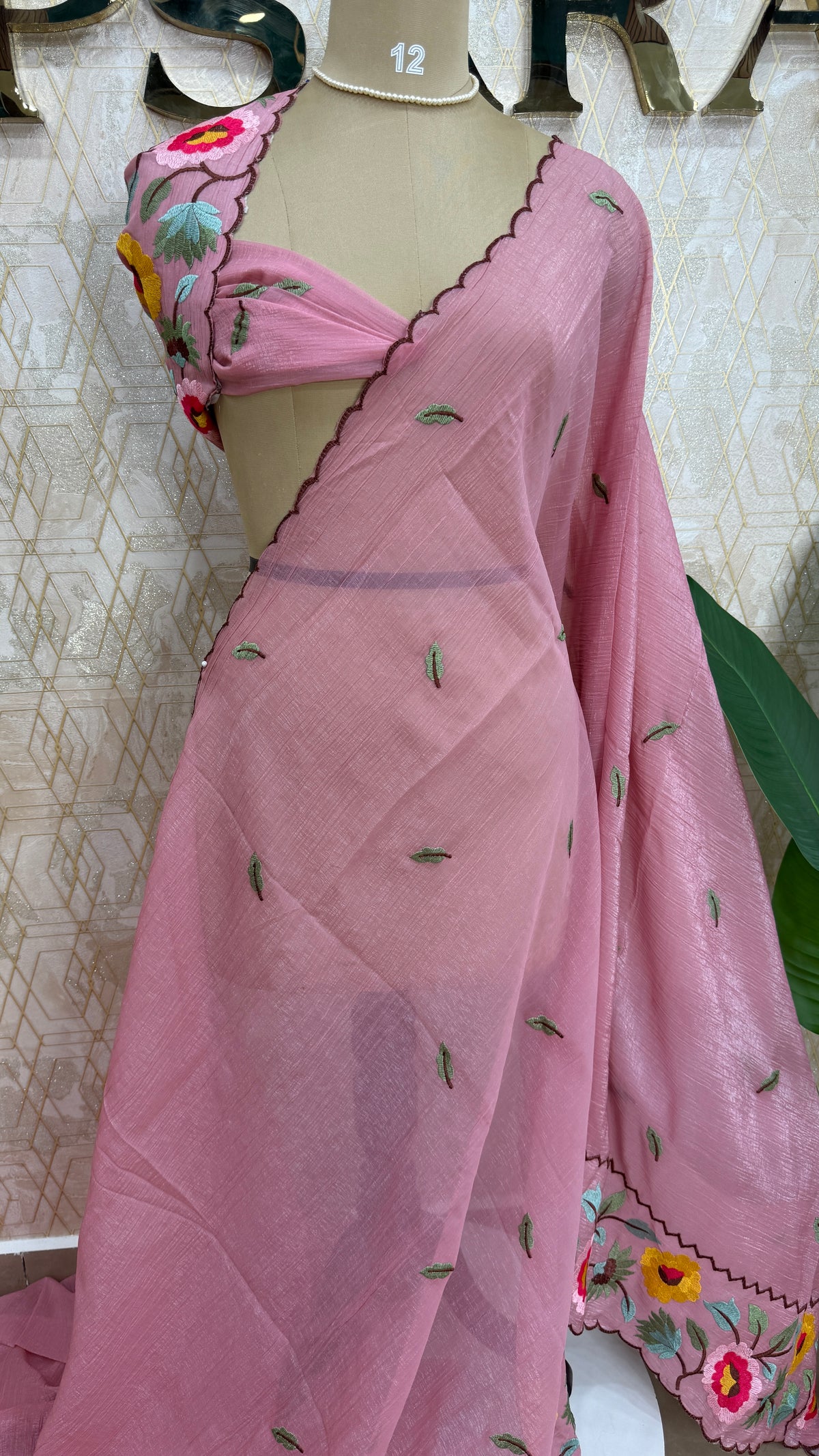 Pink Soft Crush Tissue Sunflower Embroidery Work Saree 301