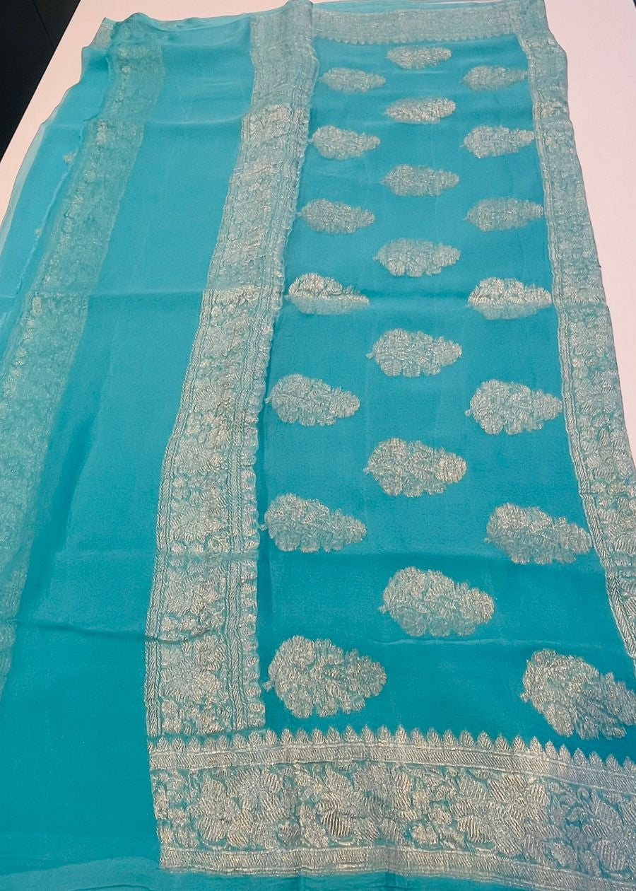 Sky Blue With Silver Zari Pure Khaddi Chiffon