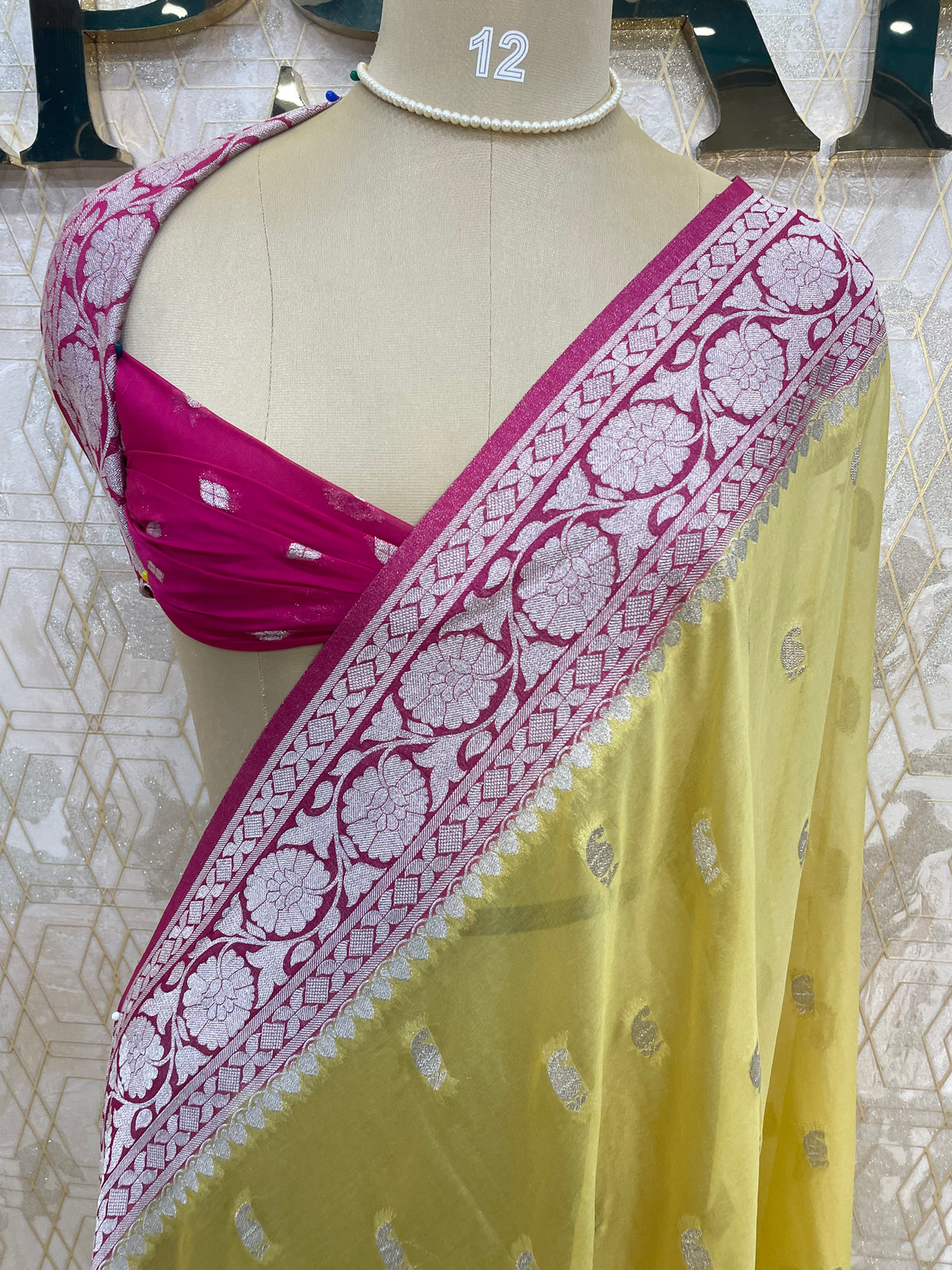 Yellow n Pink With Silver Zari Semi Chiffon
