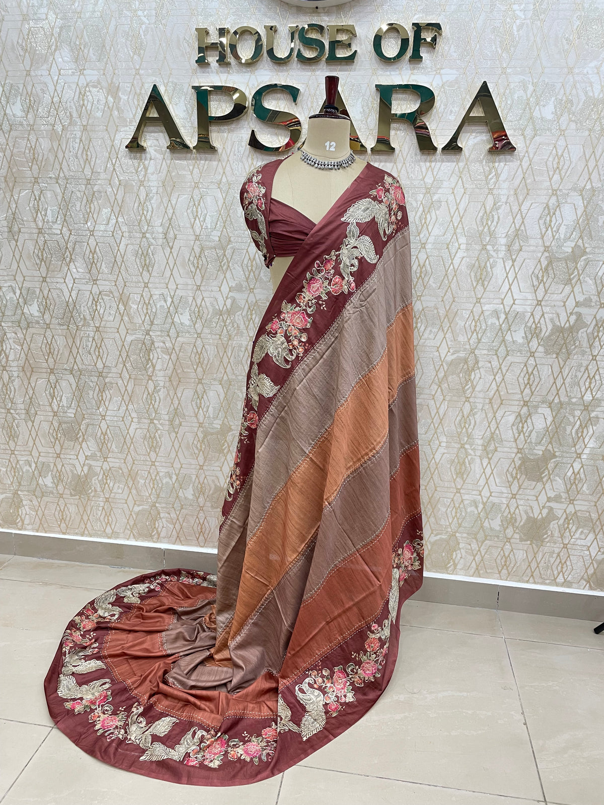Brown Soft Tussur Aari Work Saree 38