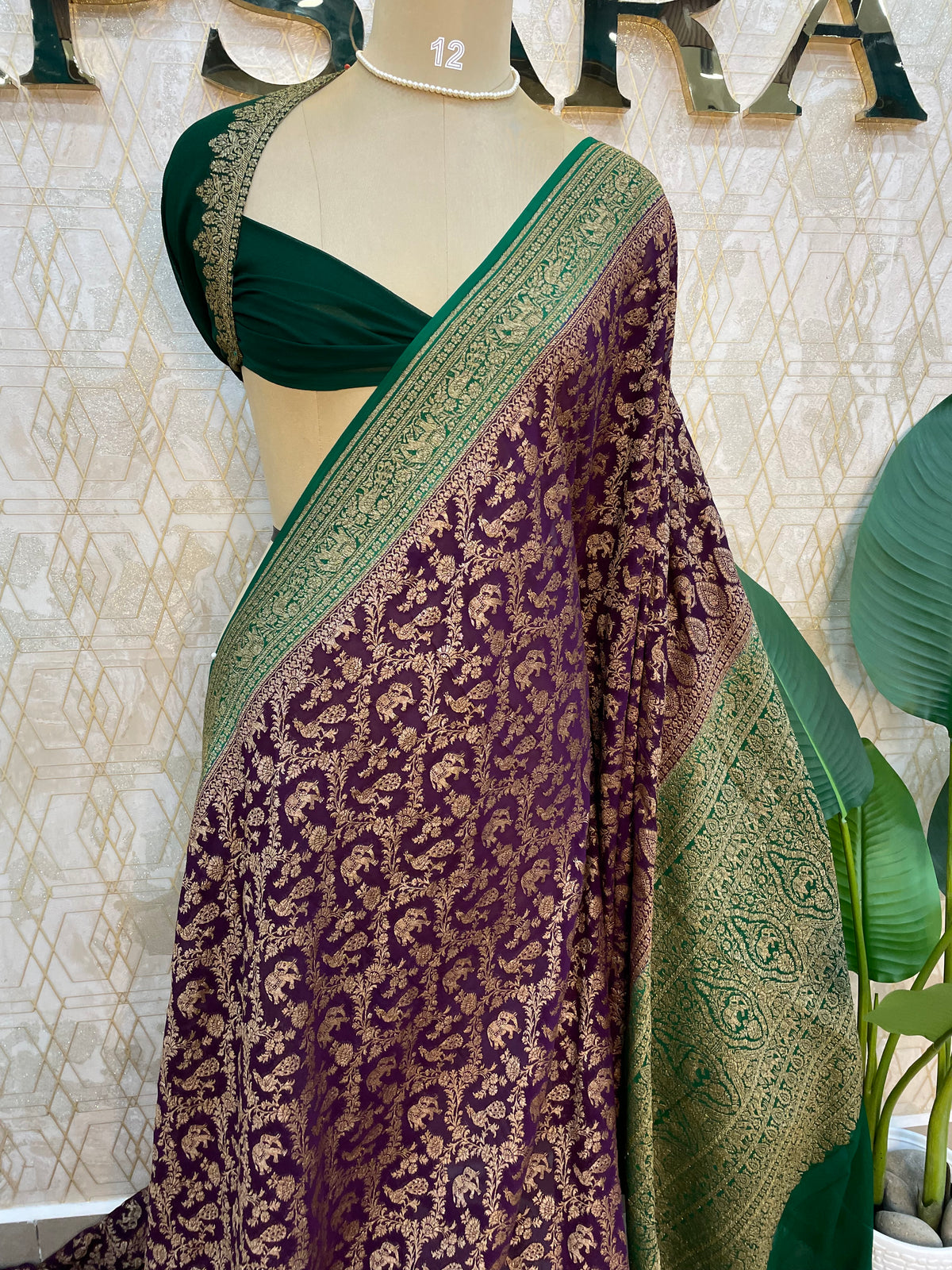 Wine n Green Pure Khadi Georgette Saree 04