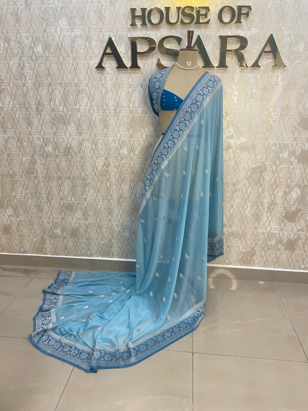 Blue With Silver Zari Semi Chiffon