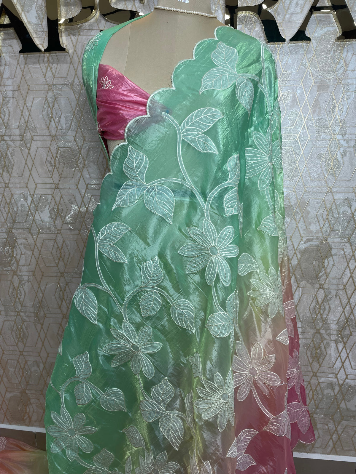 Green n Pink Organza Applique Work Saree 20