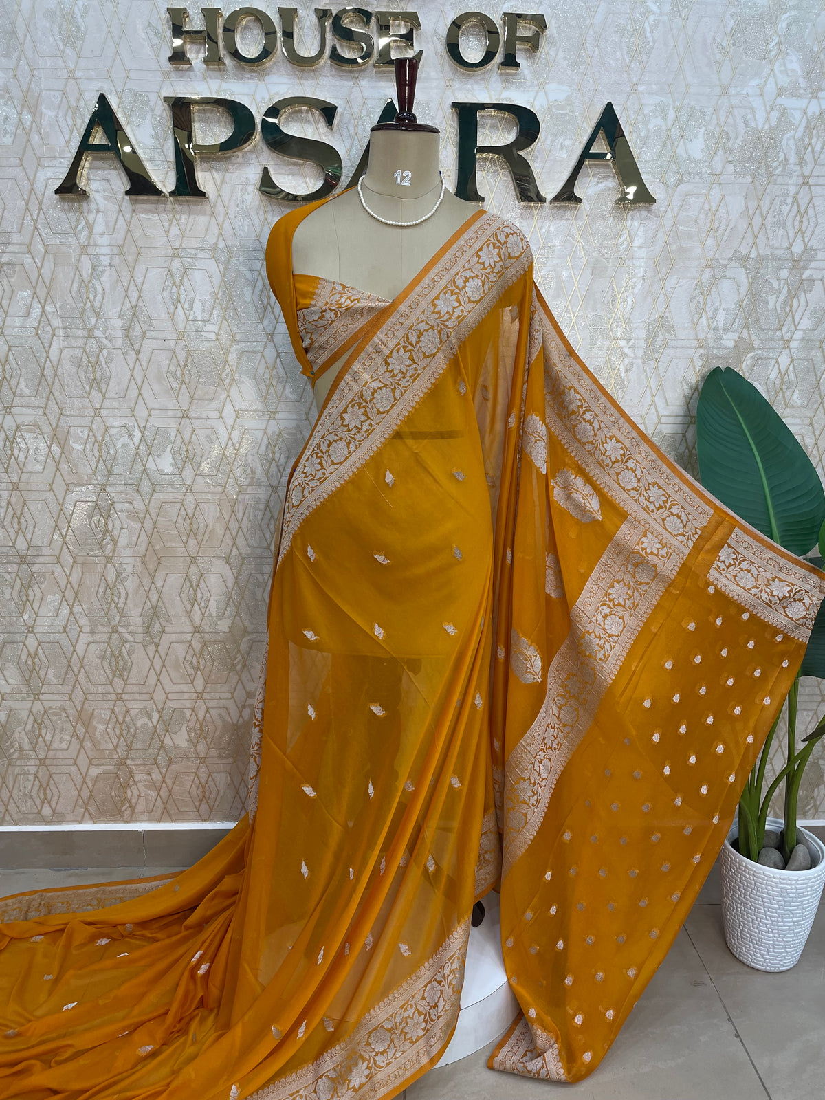 Mustard Yellow Banarasi Silk Saree With Silvar Zari Semi Chiffon