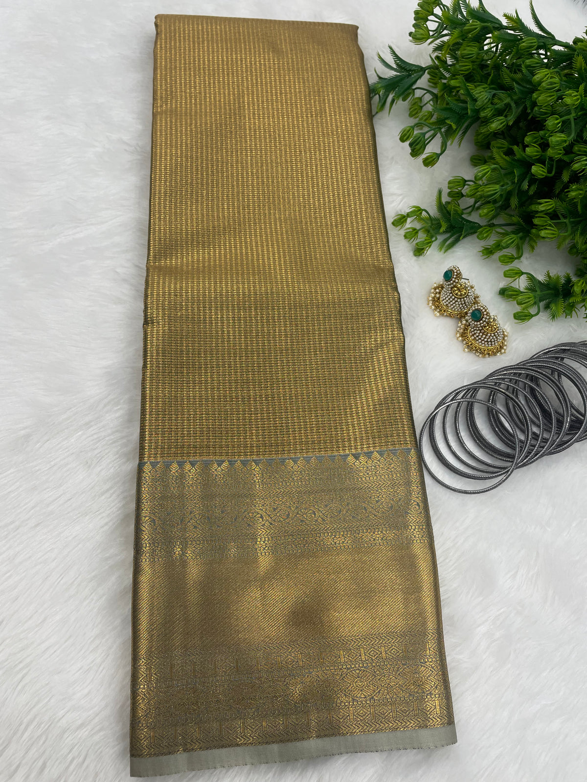 Green n Grey Brocade Semi Kanchi Tissue Saree