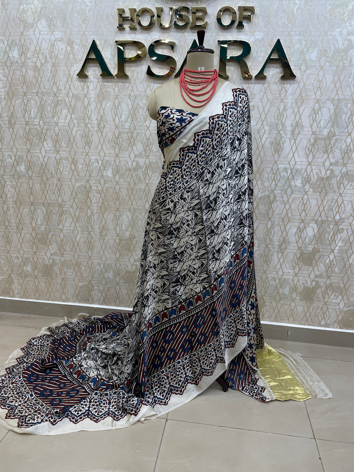 Cream Pure Modal Silk Ajrak Print Saree 05