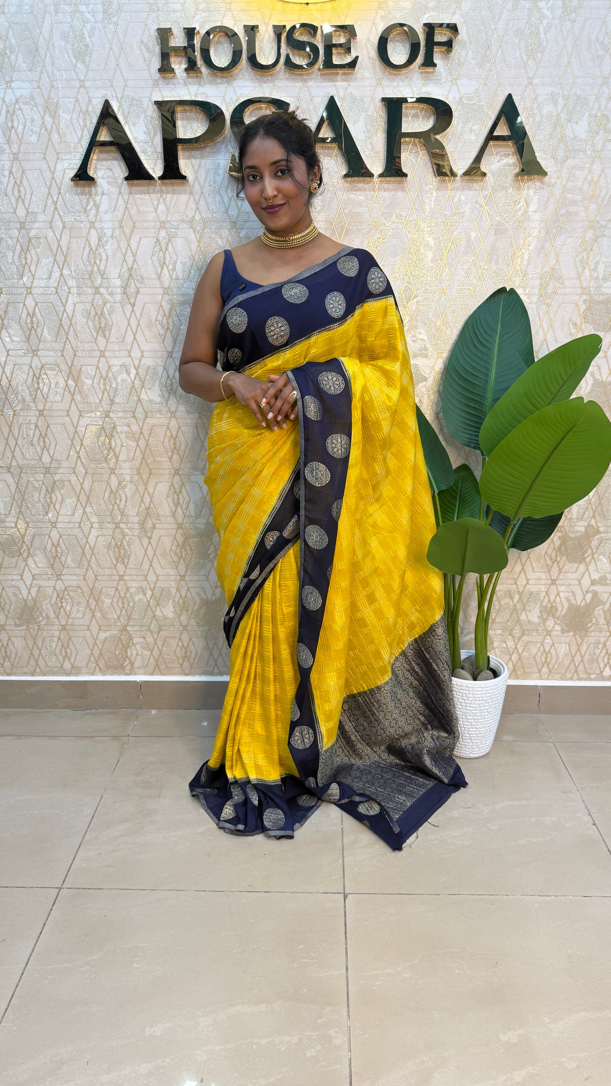 Yellow n Purple Banarasi Chiffon Saree 97