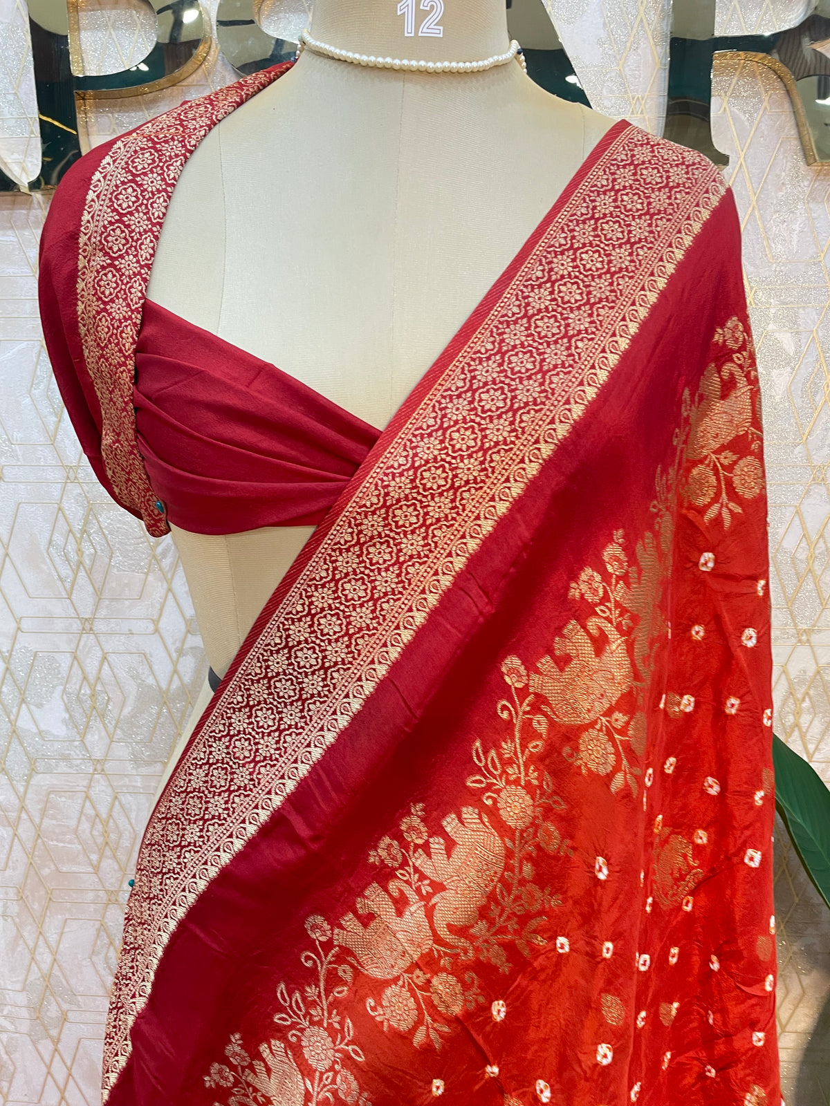Orange n Red Dola Silk Real Bandhini Saree 91