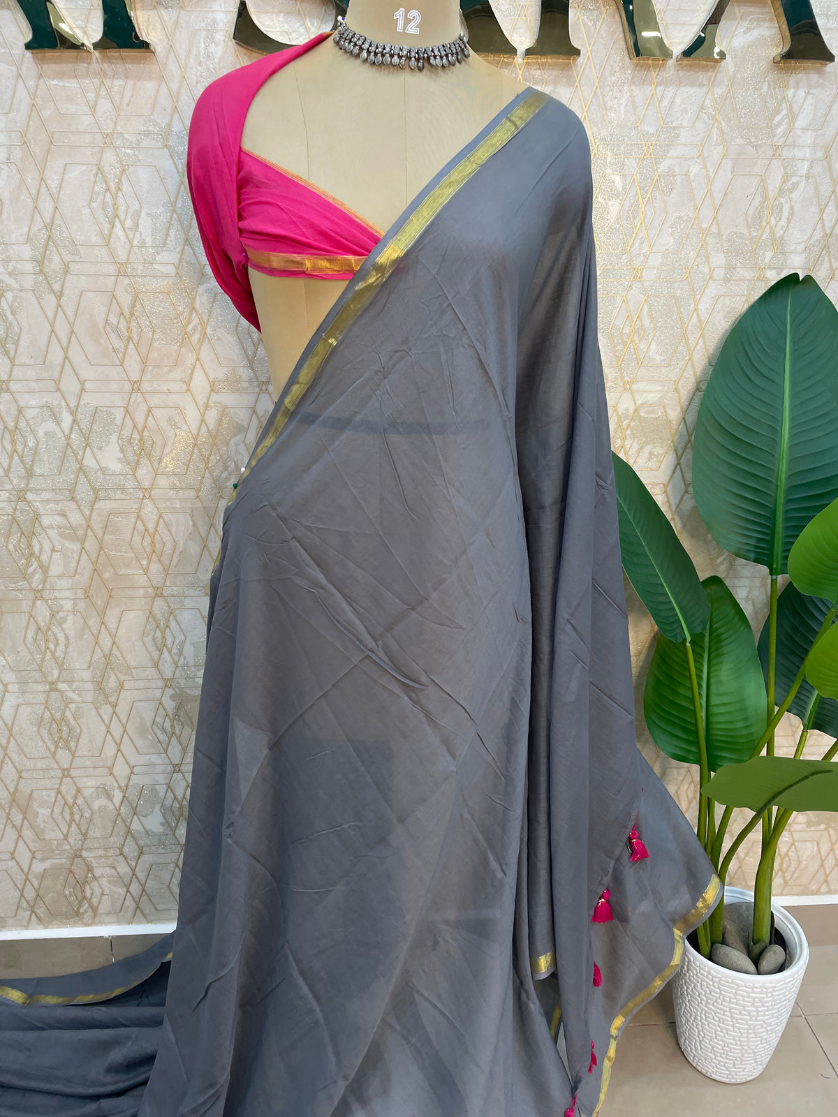 Grey n Pink Mul Cotton Saree 101