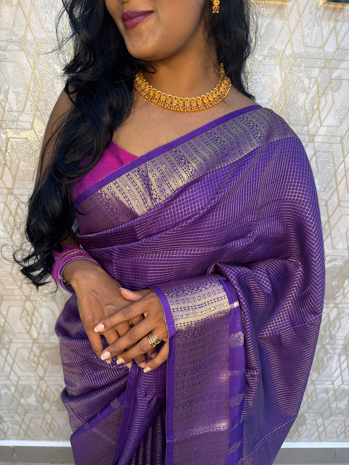 Purple Checks Crepe Silk Saree 74