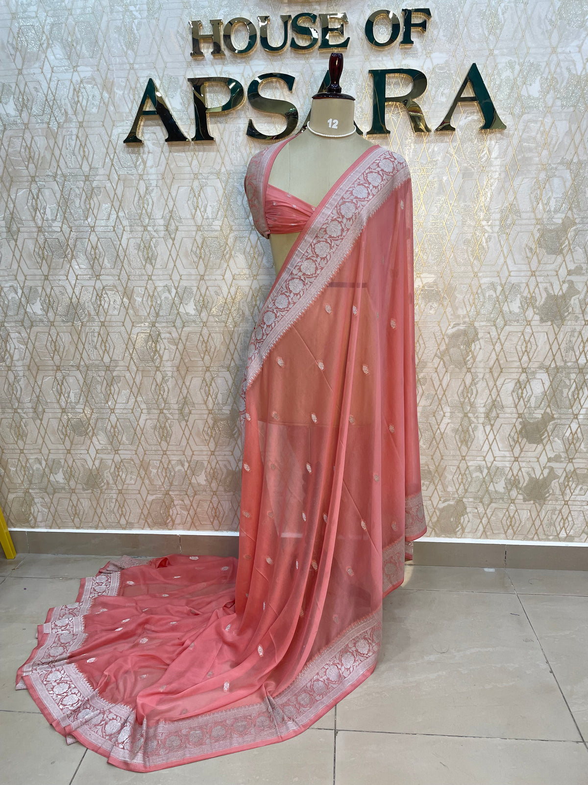 Peach With Silver Zari Semi Chiffon