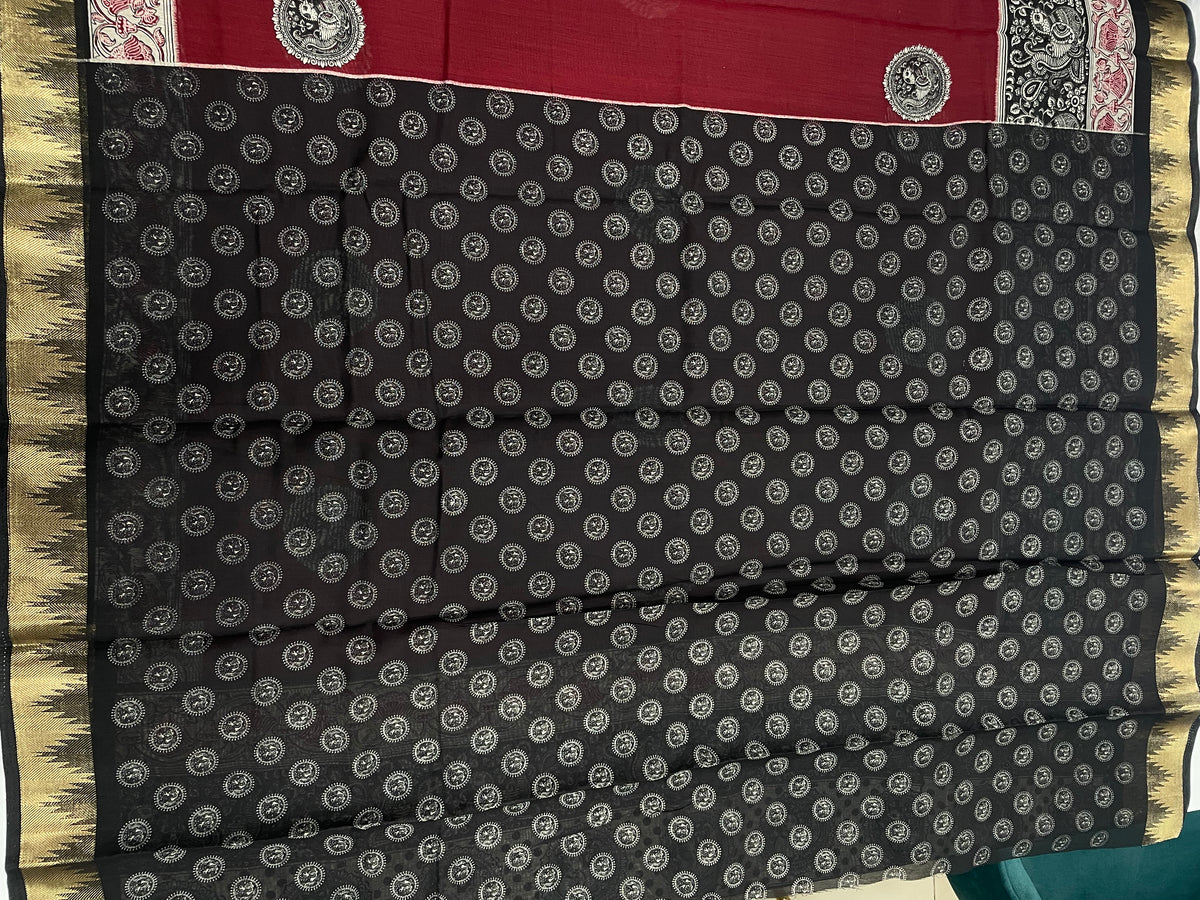 Maroon n Black Pure Mangalgiri Cotton Silk Saree 13
