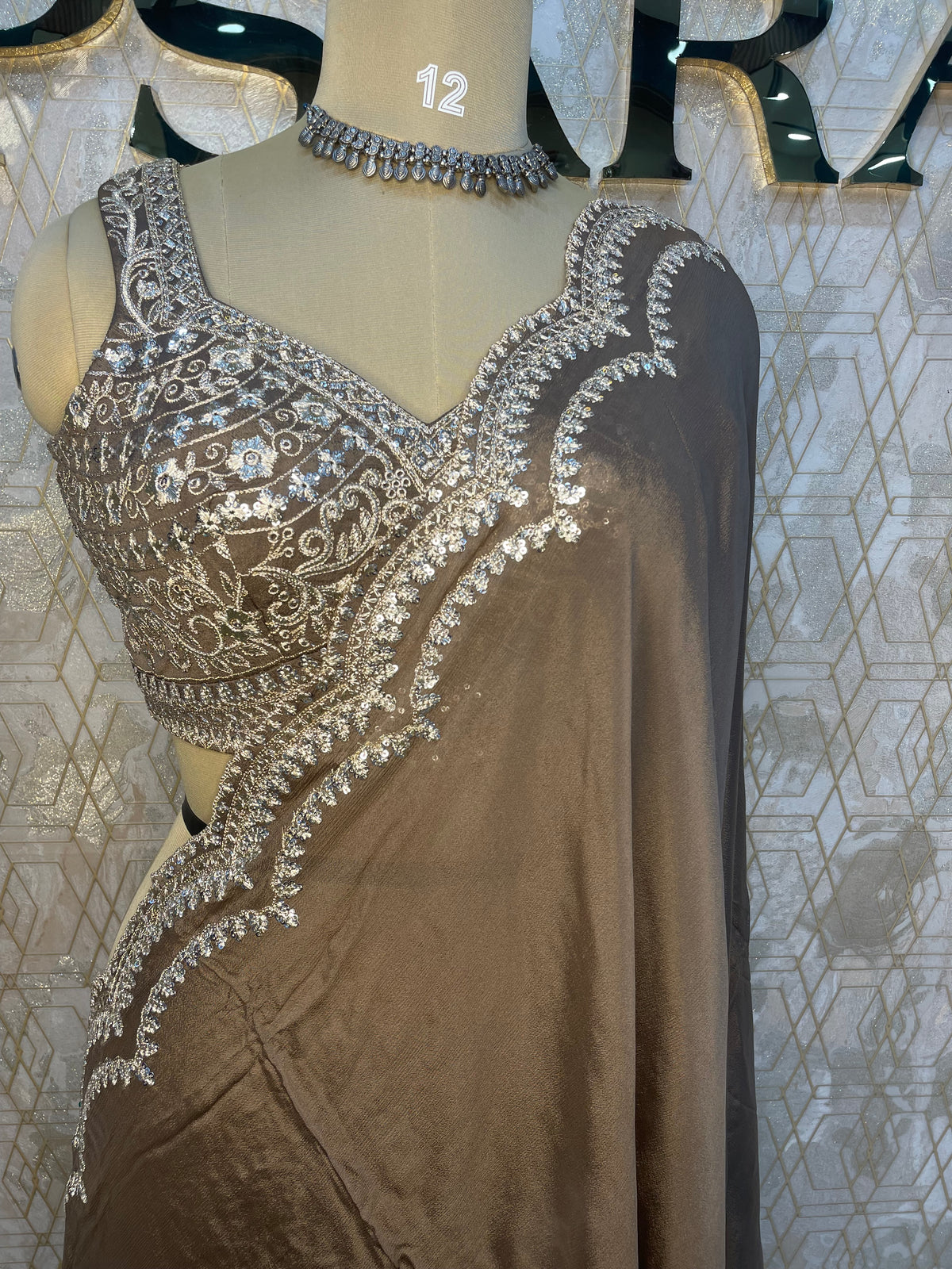 Brown Handwork Stitched Blouse Designer Party Saree 55