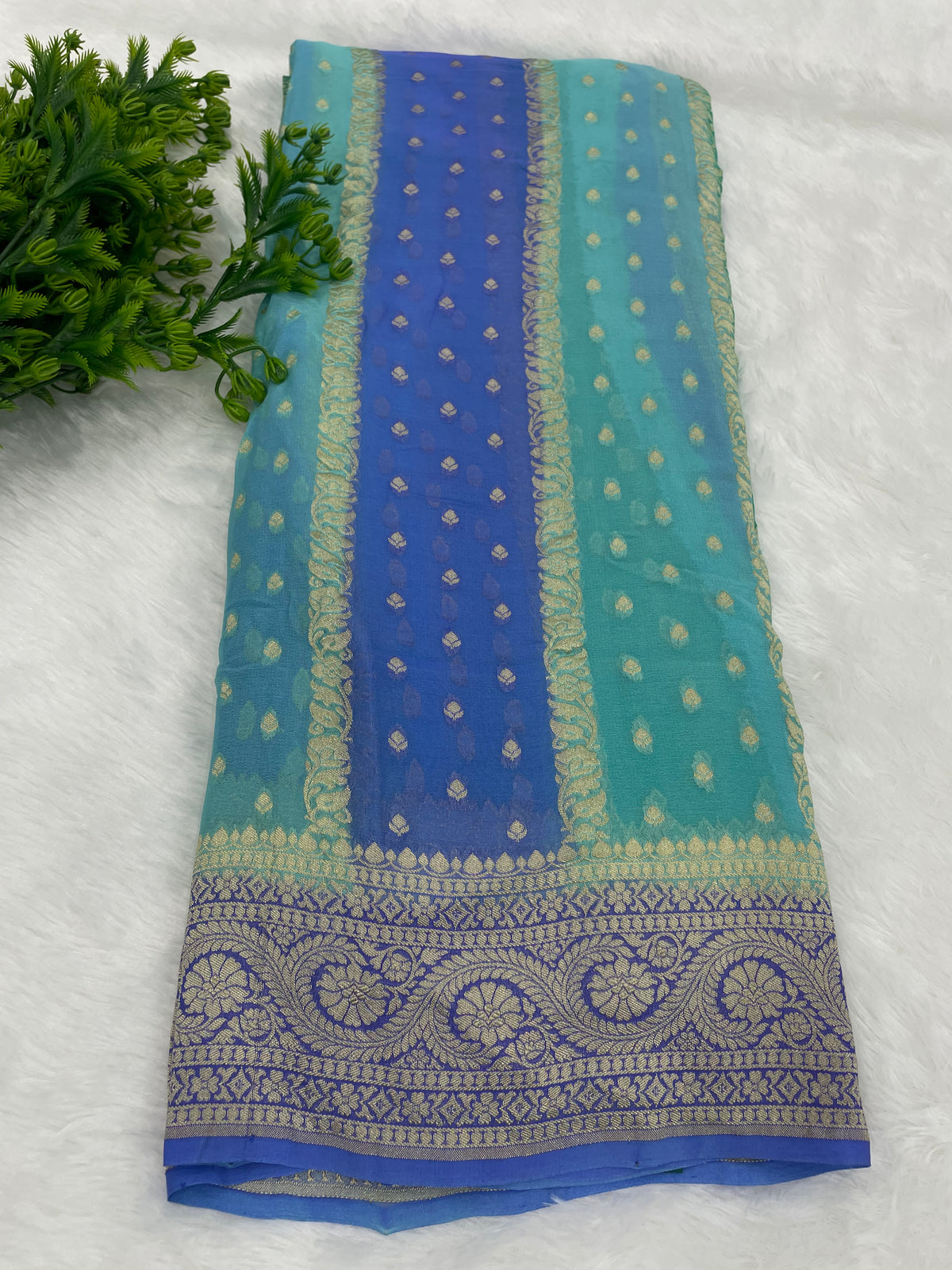Green n Blue Dual Shade Pure Khadi Rangkart Georgette Saree 04
