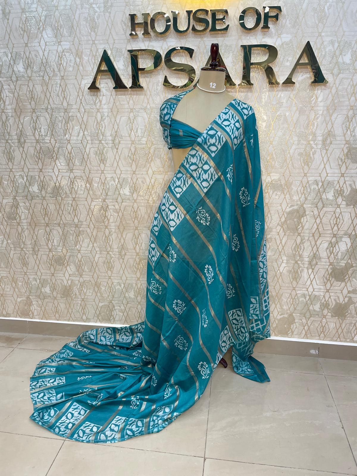 Teal Blue Assam Silk Batik Print Saree 23