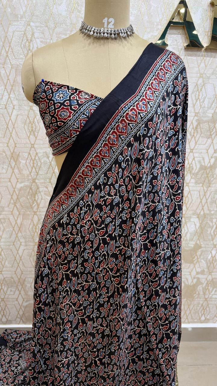Black Pure Modal Silk Ajrak Print Saree 05