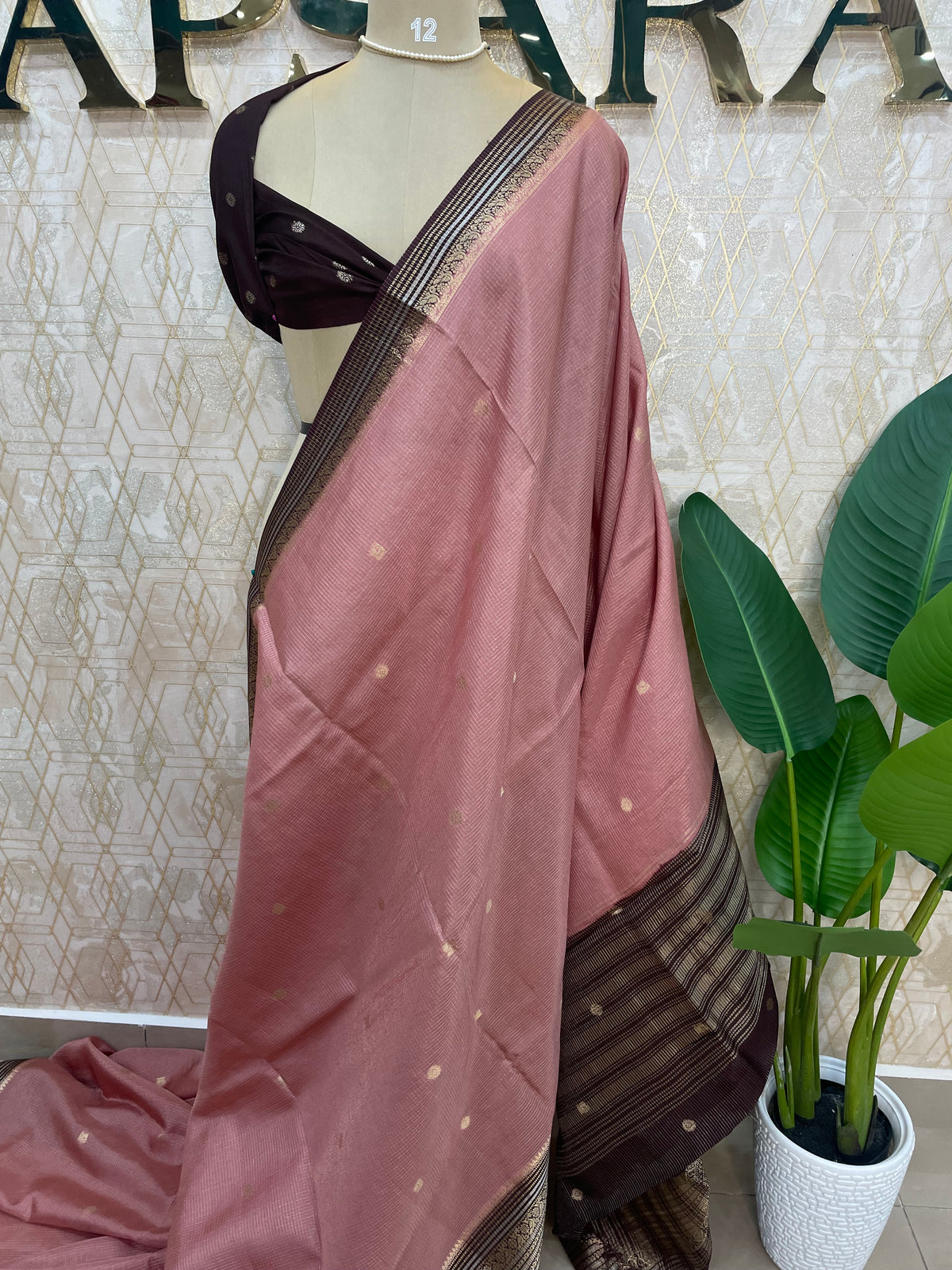 Baby Pink Checks Cotton Silk Saree 13