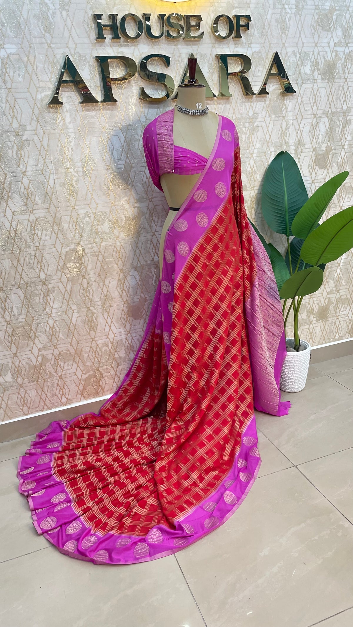 Red n Pink Banarasi Chiffon Saree 97