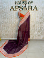 Wine n Orange With Silver Zari Semi Chiffon