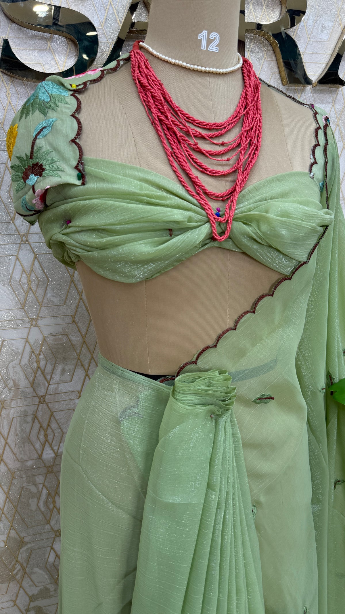 Pista Green Soft Crush Tissue Sunflower Embroidery Work Saree 301