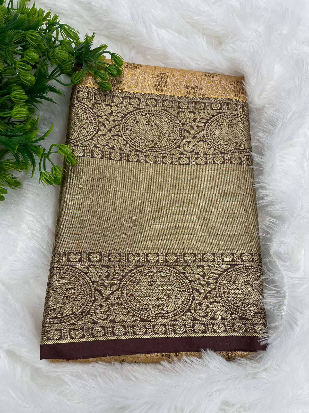 Gold n Brown Brocade Semi Kanchi Tissue Saree