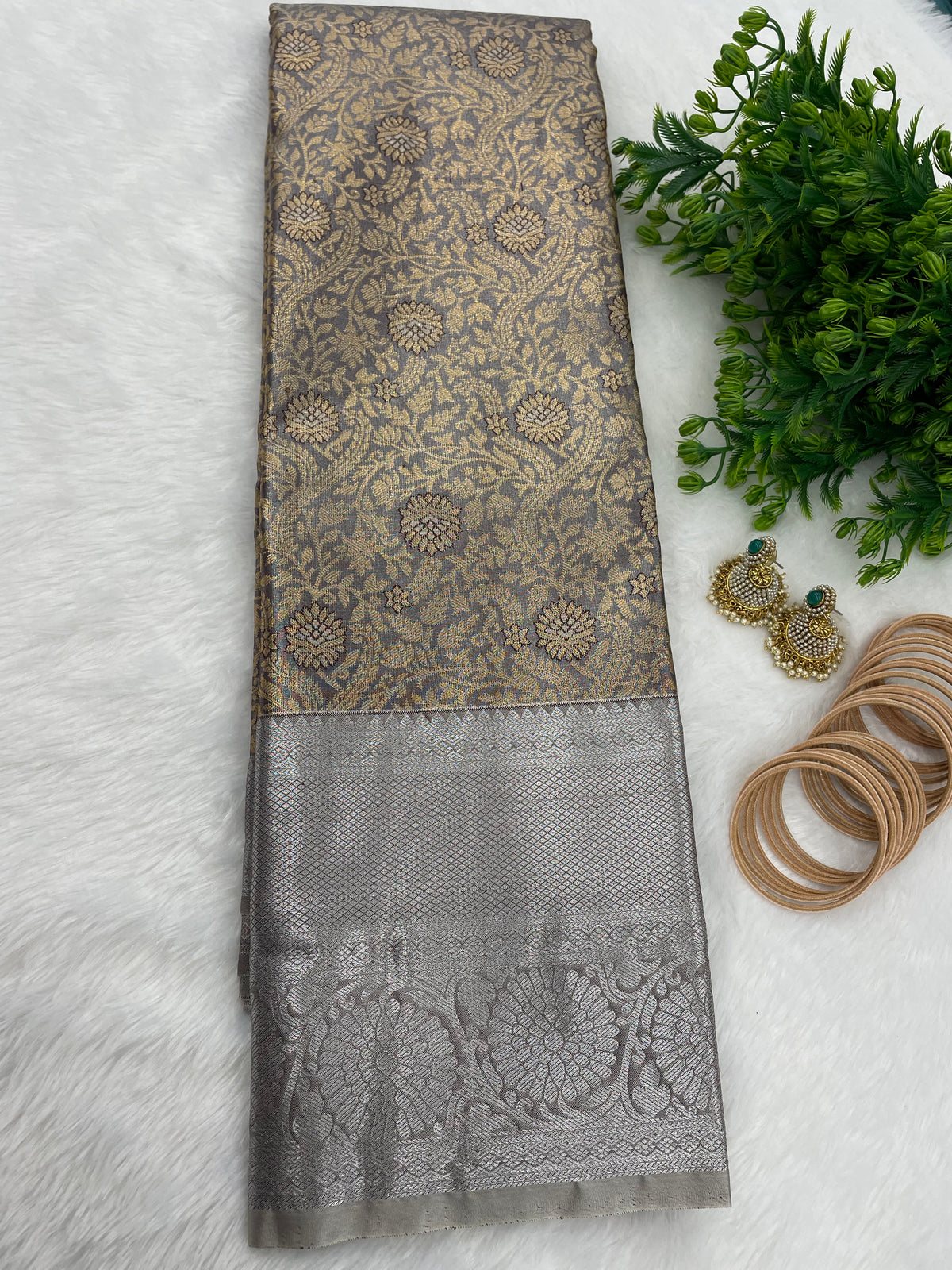 Gold n Grey Brocade Semi Kanchi Tissue Saree
