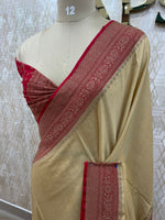Cream n Red Pure Banarasi Crepe Saree 03