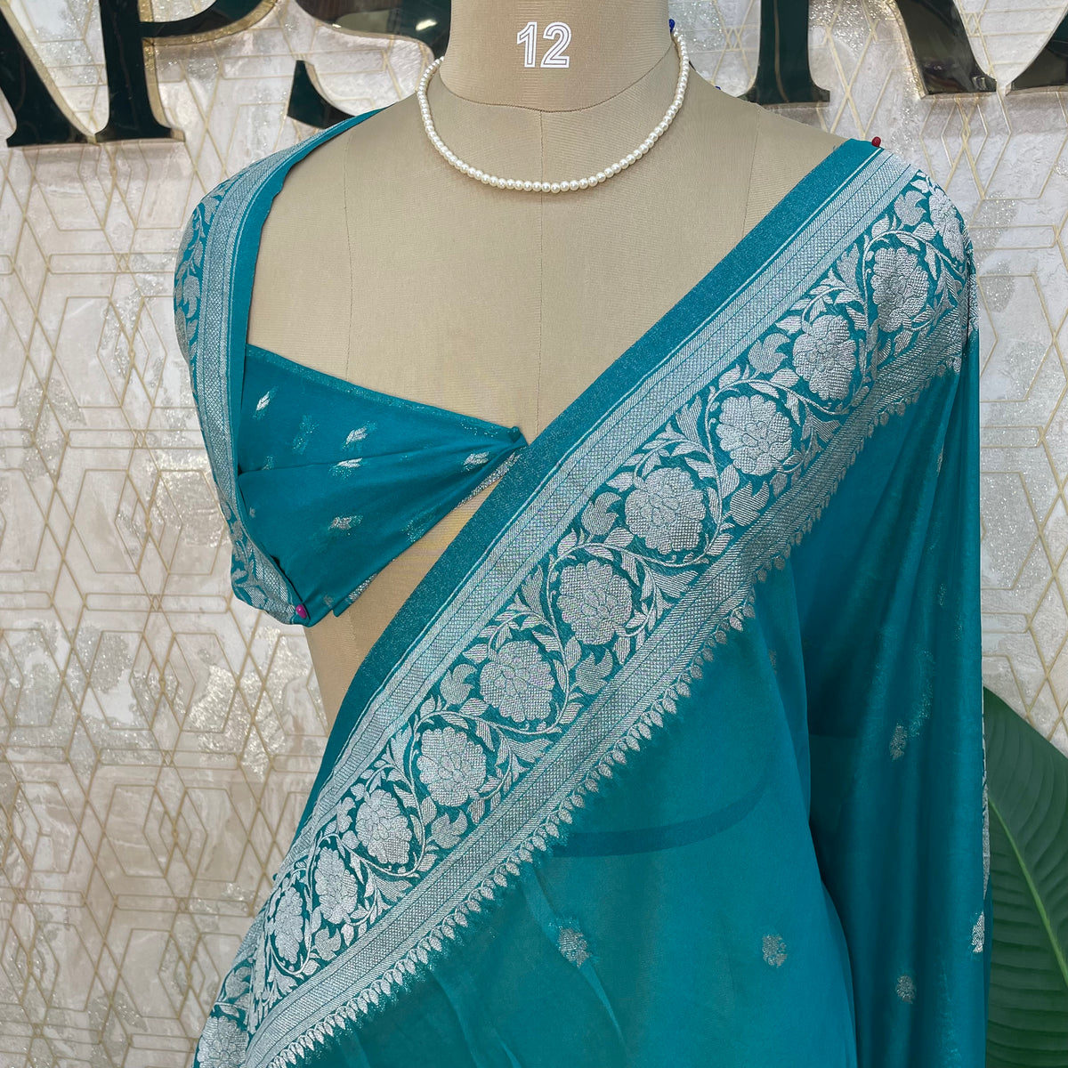 Teal Blue Banarasi Silk Saree With Silvar Zari Semi Chiffon
