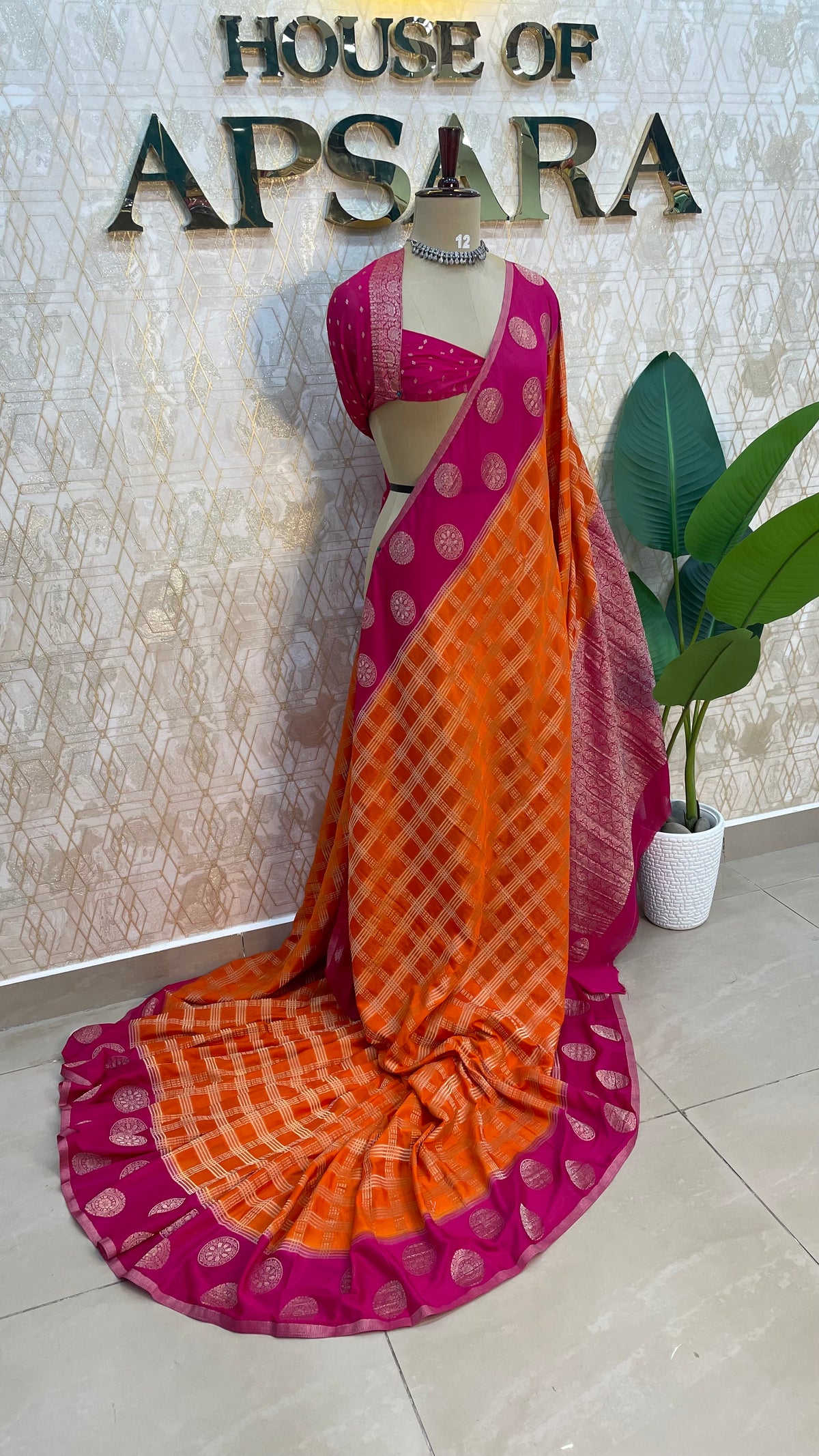 Orange n Pink Banarasi Chiffon Saree 97