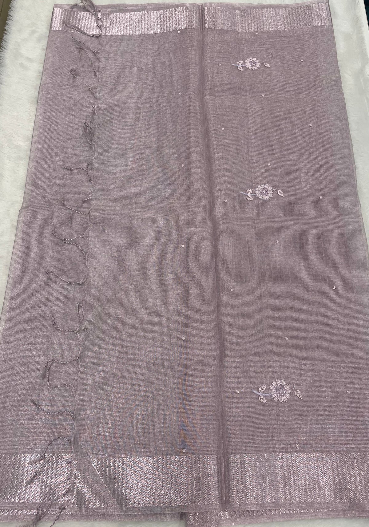 Baby Pink Designer Embroidery Work Tissue Saree 09