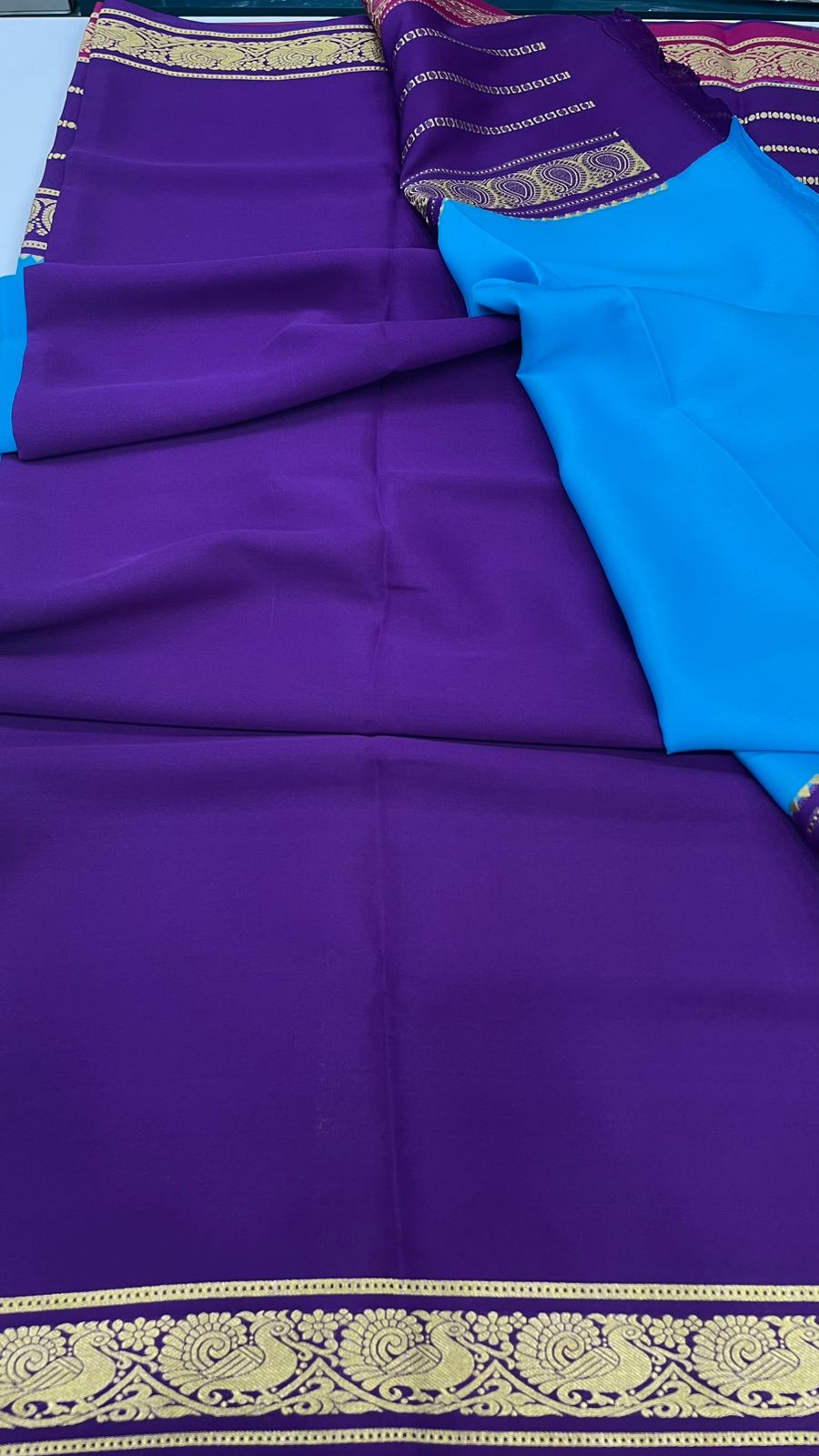 Blue n Purple 3D Pure Mysore Silk Crepe Saree 01