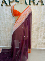 Wine n Orange With Silver Zari Semi Chiffon