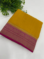 Yellow n Pink Pure Banarasi Crepe Saree 03