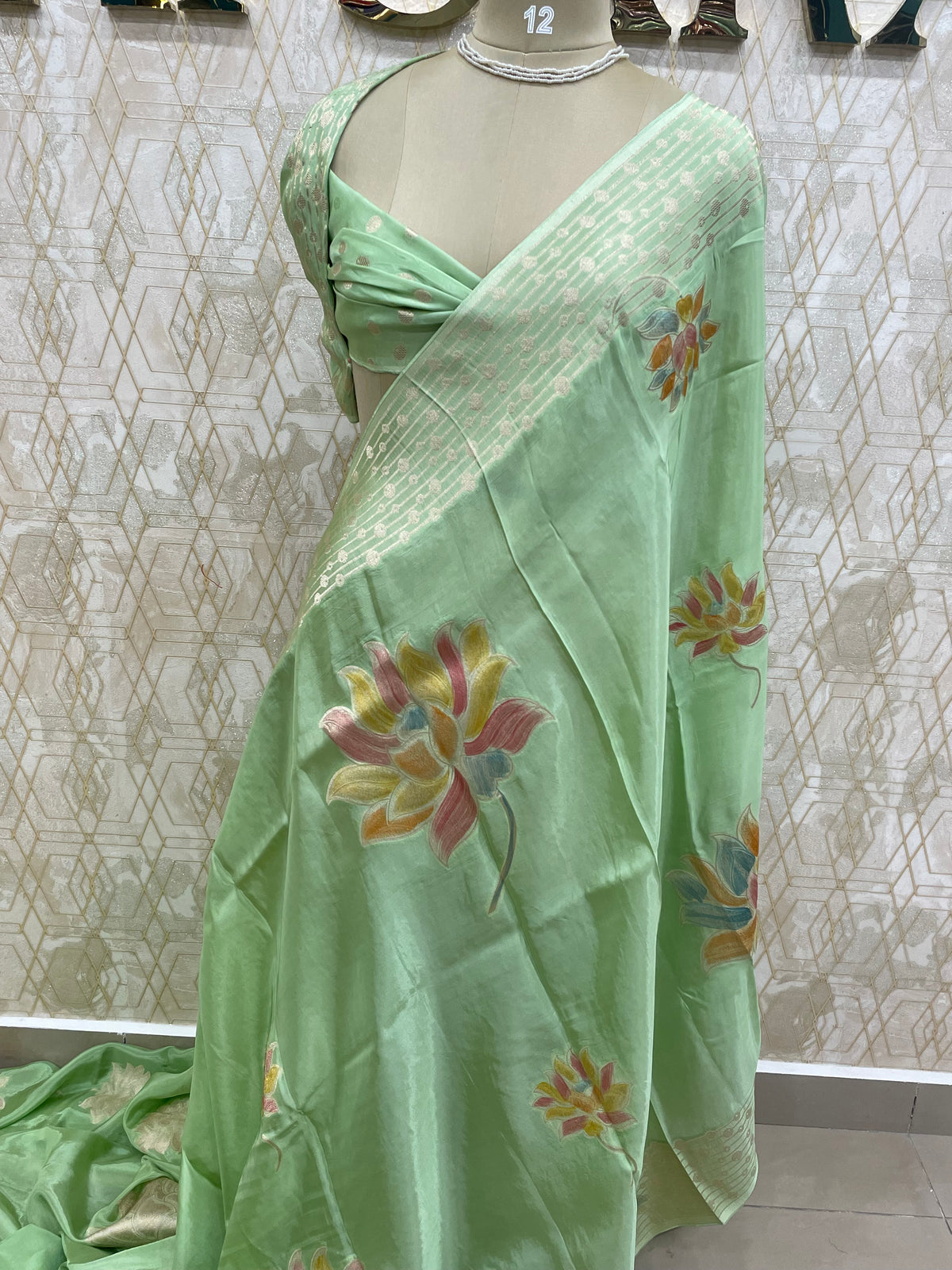 Pista Green Banarasi Soft Crepe Saree 33