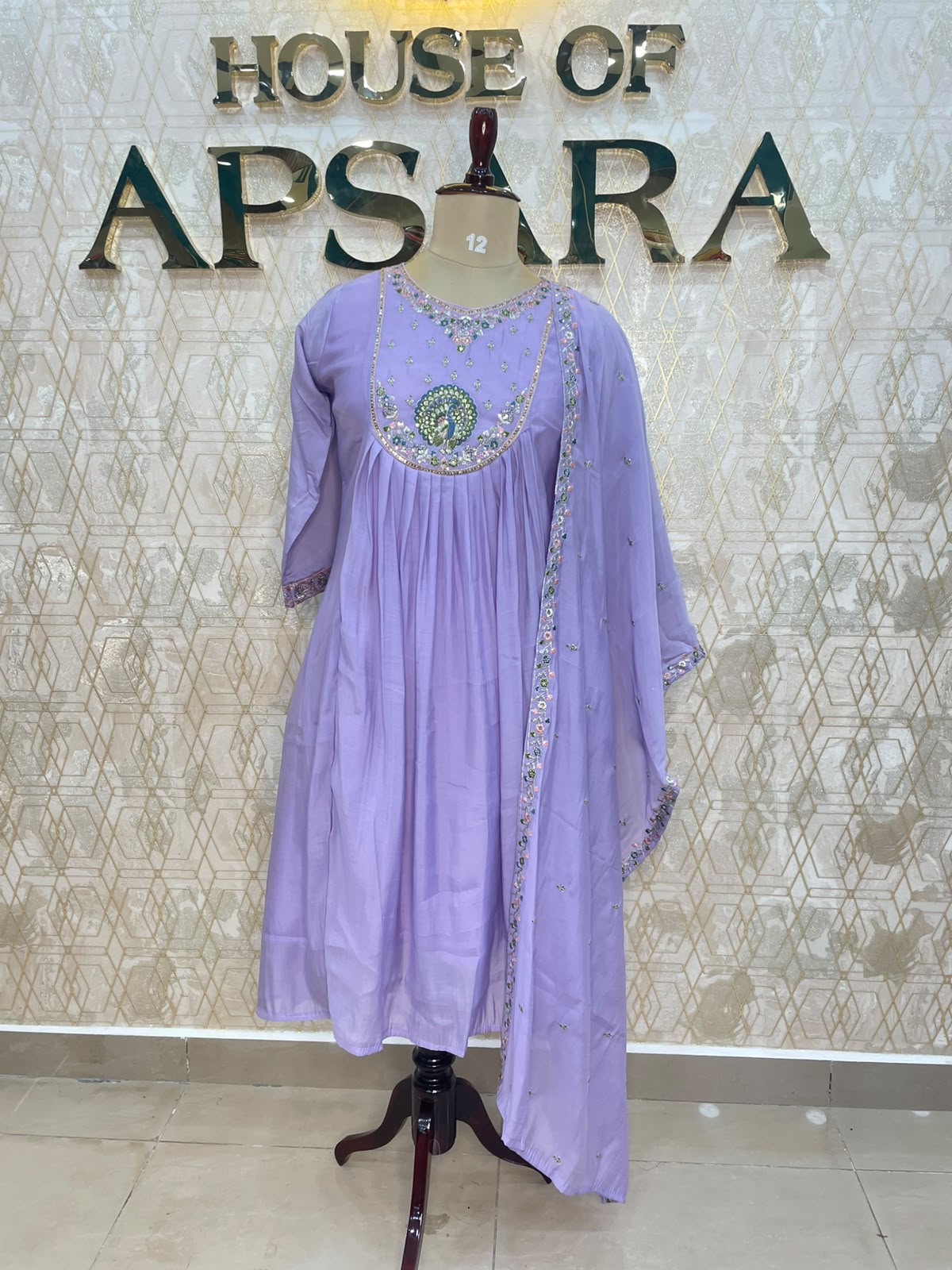 Lilac Mul Chanderi Silk Hand Embroidery Airline Alia Cut Kurtha 114