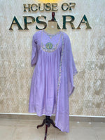 Lilac Mul Chanderi Silk Hand Embroidery Airline Alia Cut Kurtha 114