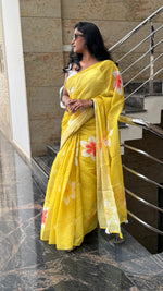 Yellow Lenin Cotton Floral Print Saree 19