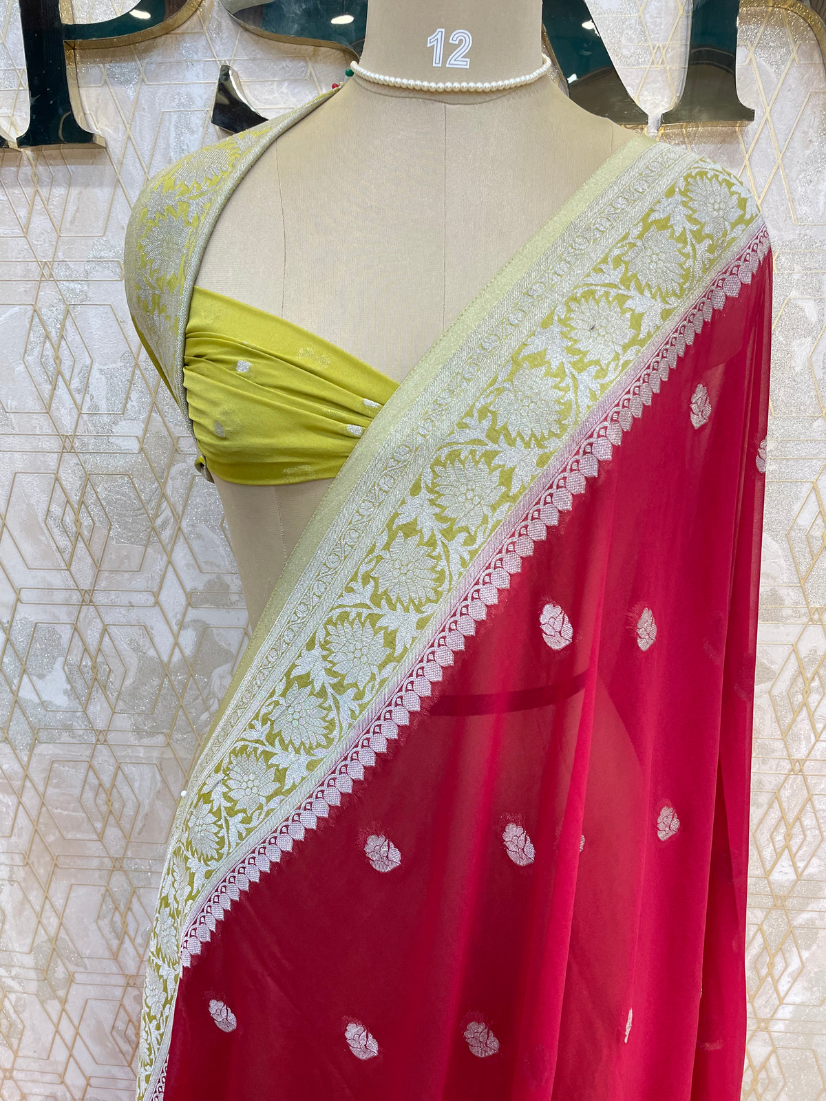 Red With Silver Zari Semi Chiffon