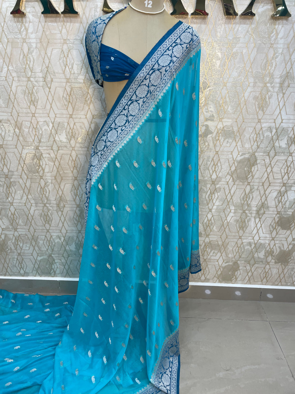 Blue With Silver Zari Semi Chiffon