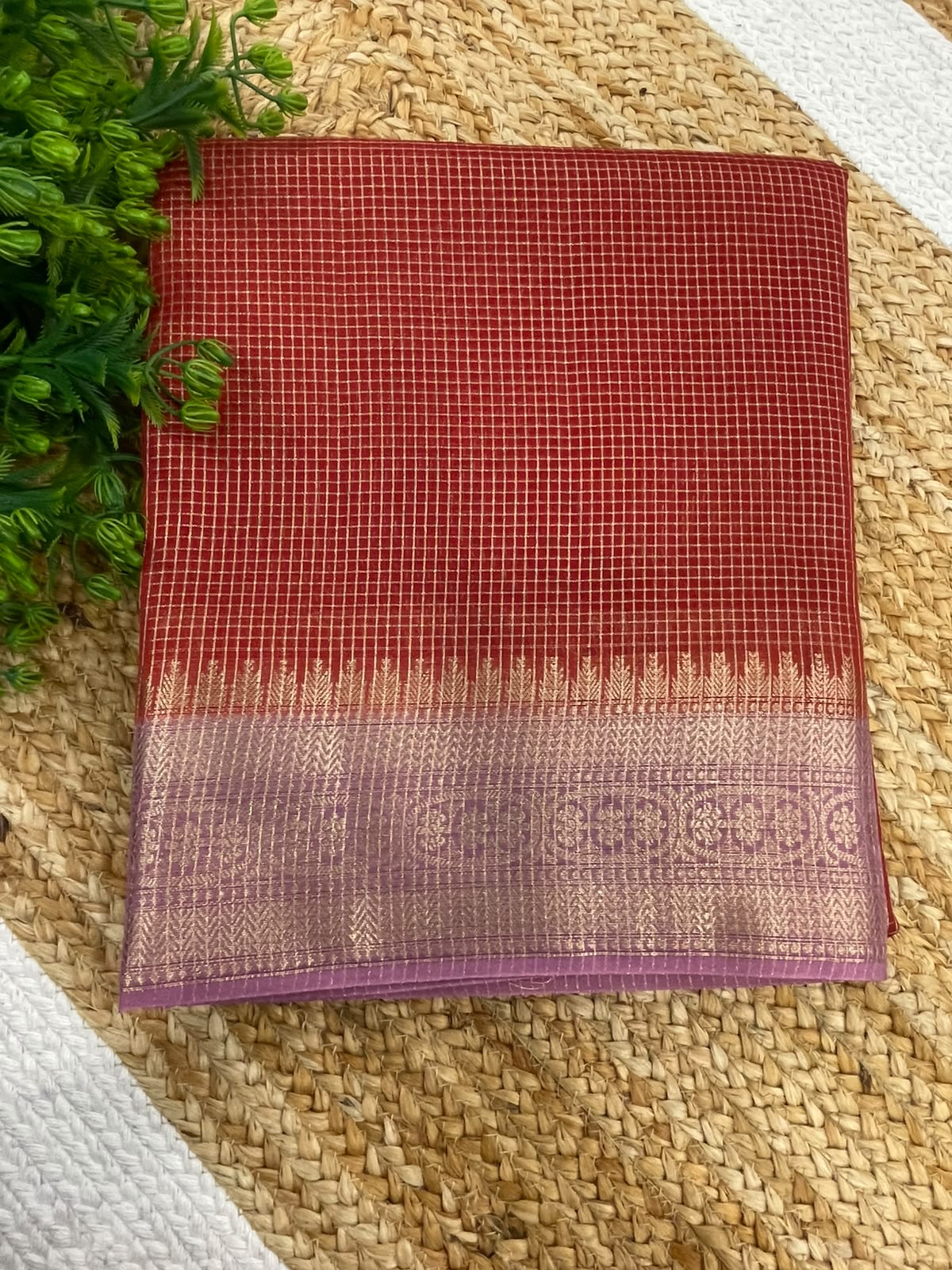 Orange n Pink Checks Cotton Silk Saree 13