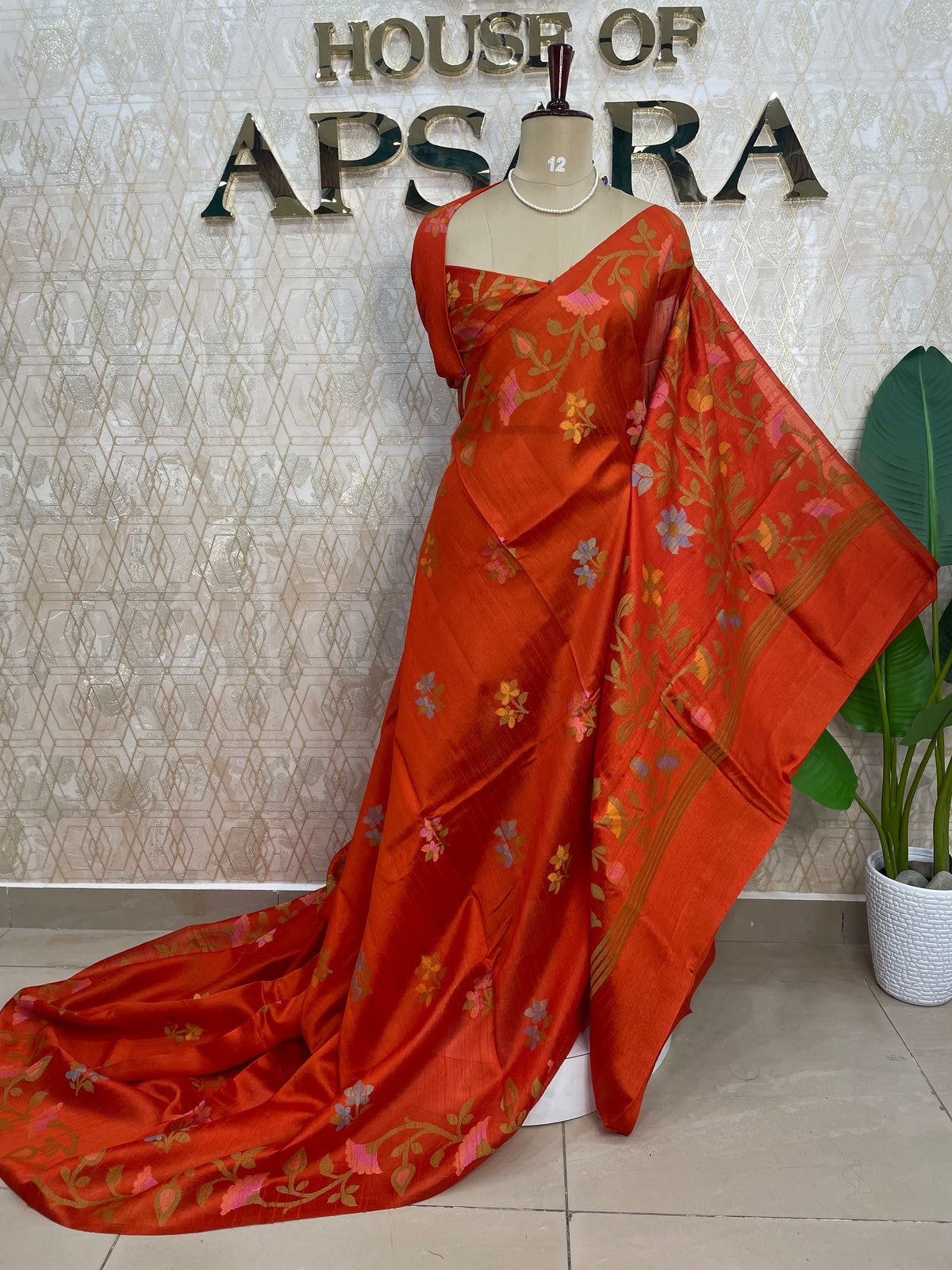 Orange Tussar Jamdani saree 318