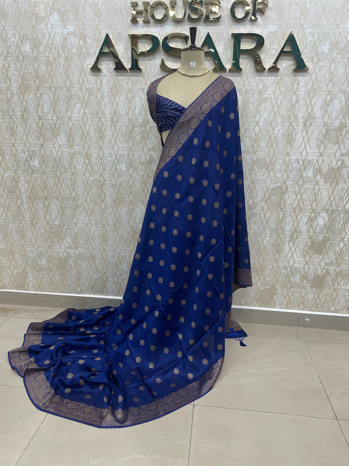Navy Blue Tussar Gorgette Saree