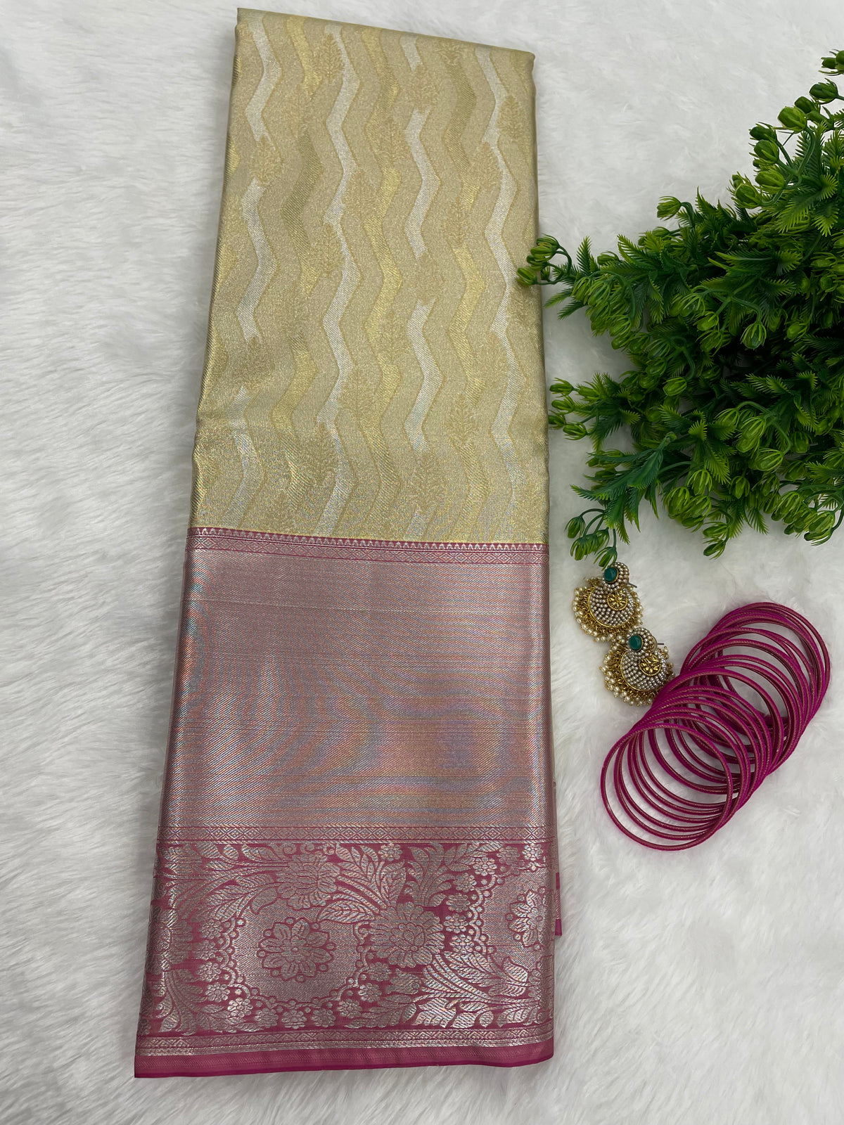 Gold n Pink Brocade Semi Kanchi Tissue Saree