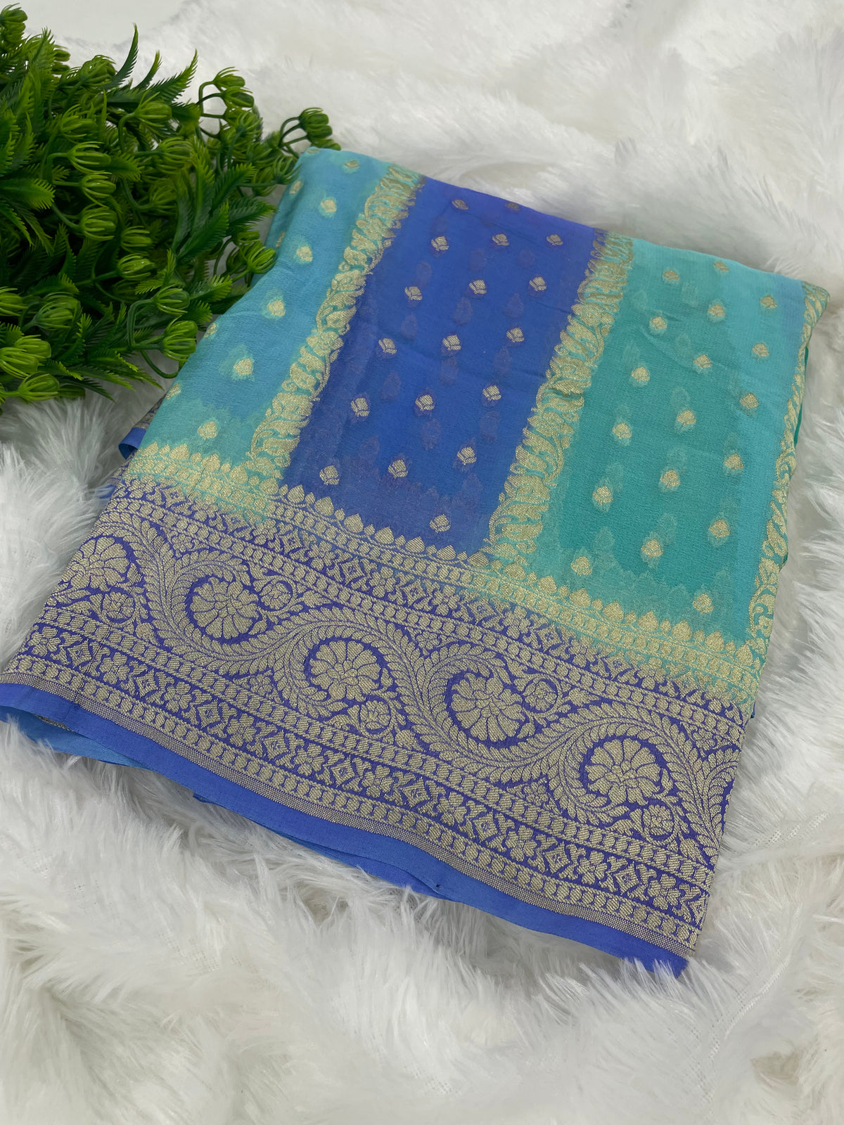 Green n Blue Dual Shade Pure Khadi Rangkart Georgette Saree 04