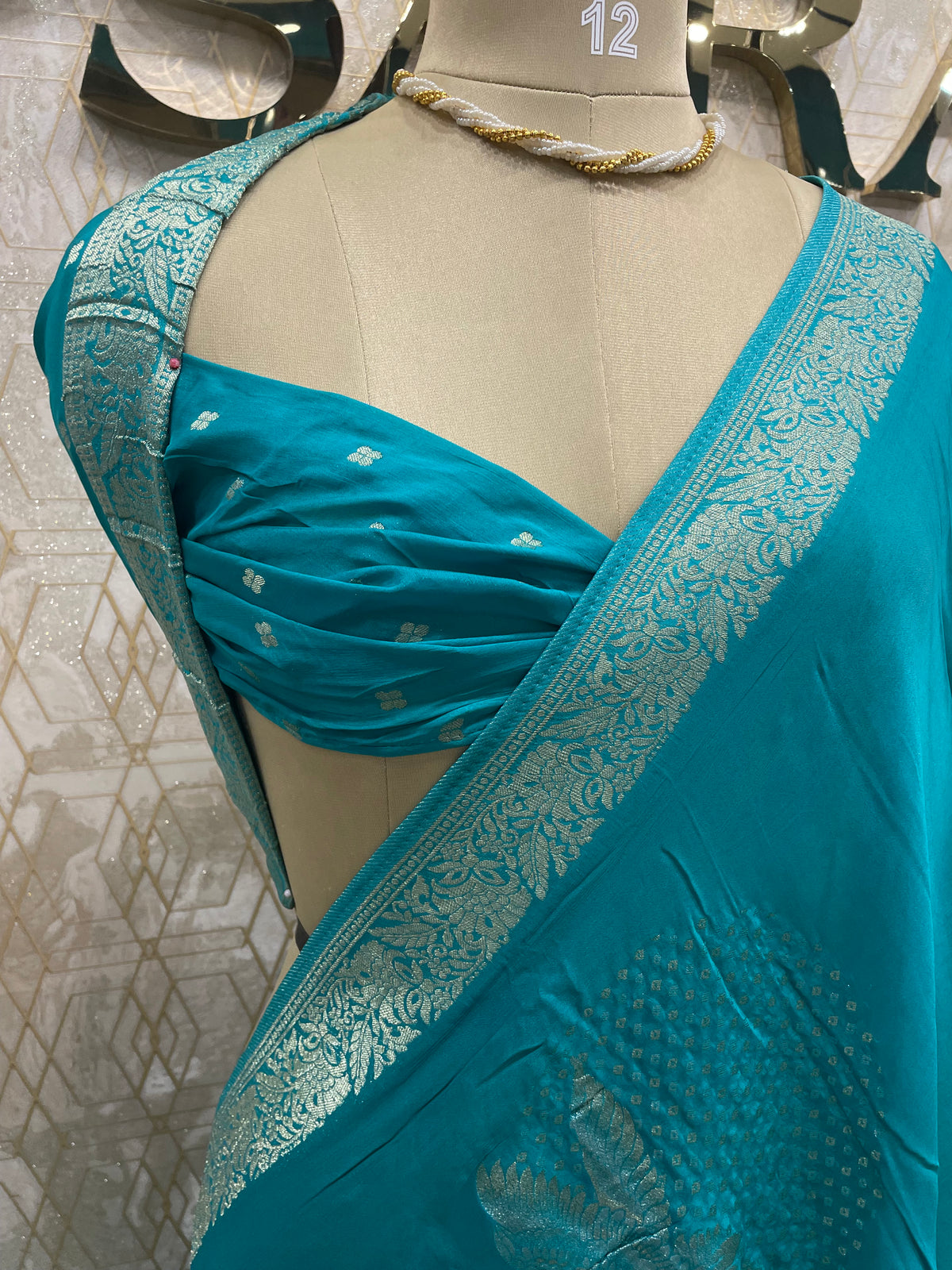 Rama Blue Chinnon Crepe Flamingo Saree